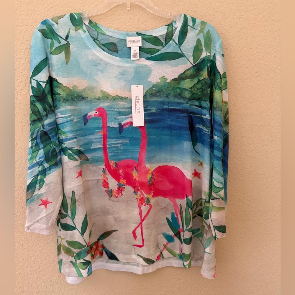 Chico's Pink Flamingo Tropical Long-Sleeve Tee